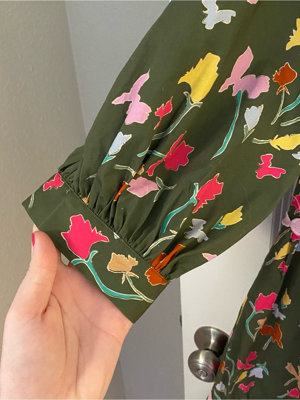 CROSBY by Mollie Burch Olive Floral Ruffle Dress with Pink Scallop Trim - Picture 3 of 8